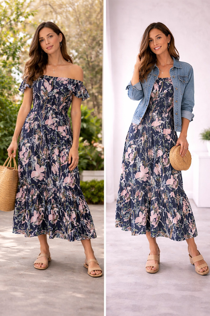 Vineyard Vines Navy Floral Dress Tiered Midi Romantic Boho Smocked Waist Size-XL